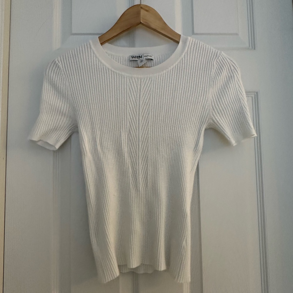 White House Black Market Ribbed Knit Short Sleeve Sweater – White Fitted Top XS
